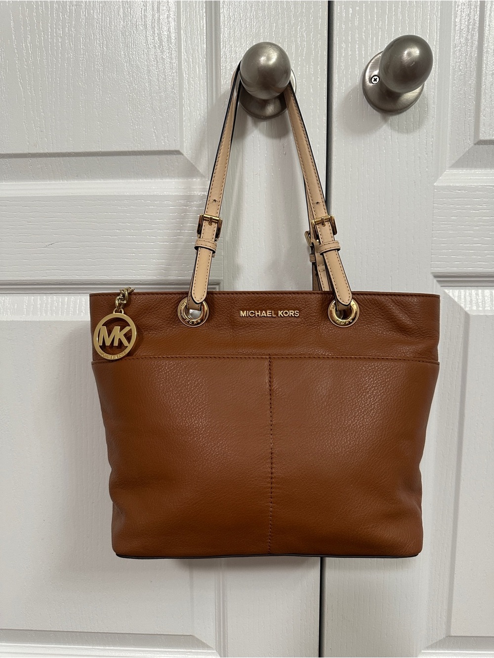 Michael Kors Chestnut Leather Tote with Gold MK Charm
